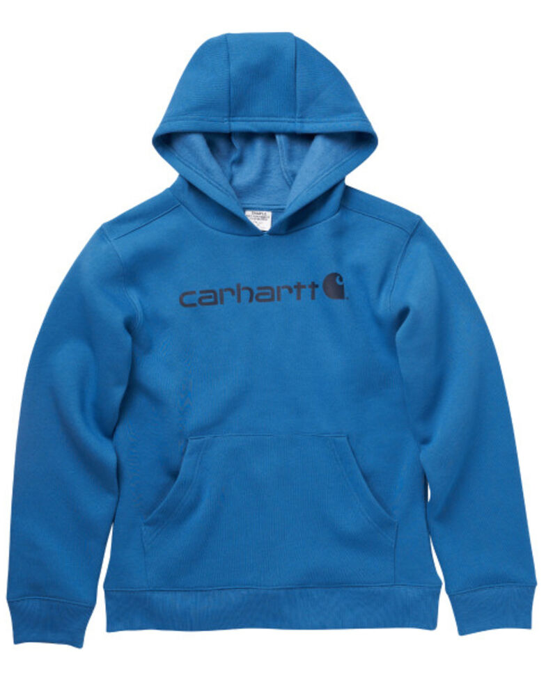 Carhartt Boys' Fleece Logo Hooded Pullover Sweatshirt, Blue, hi-res