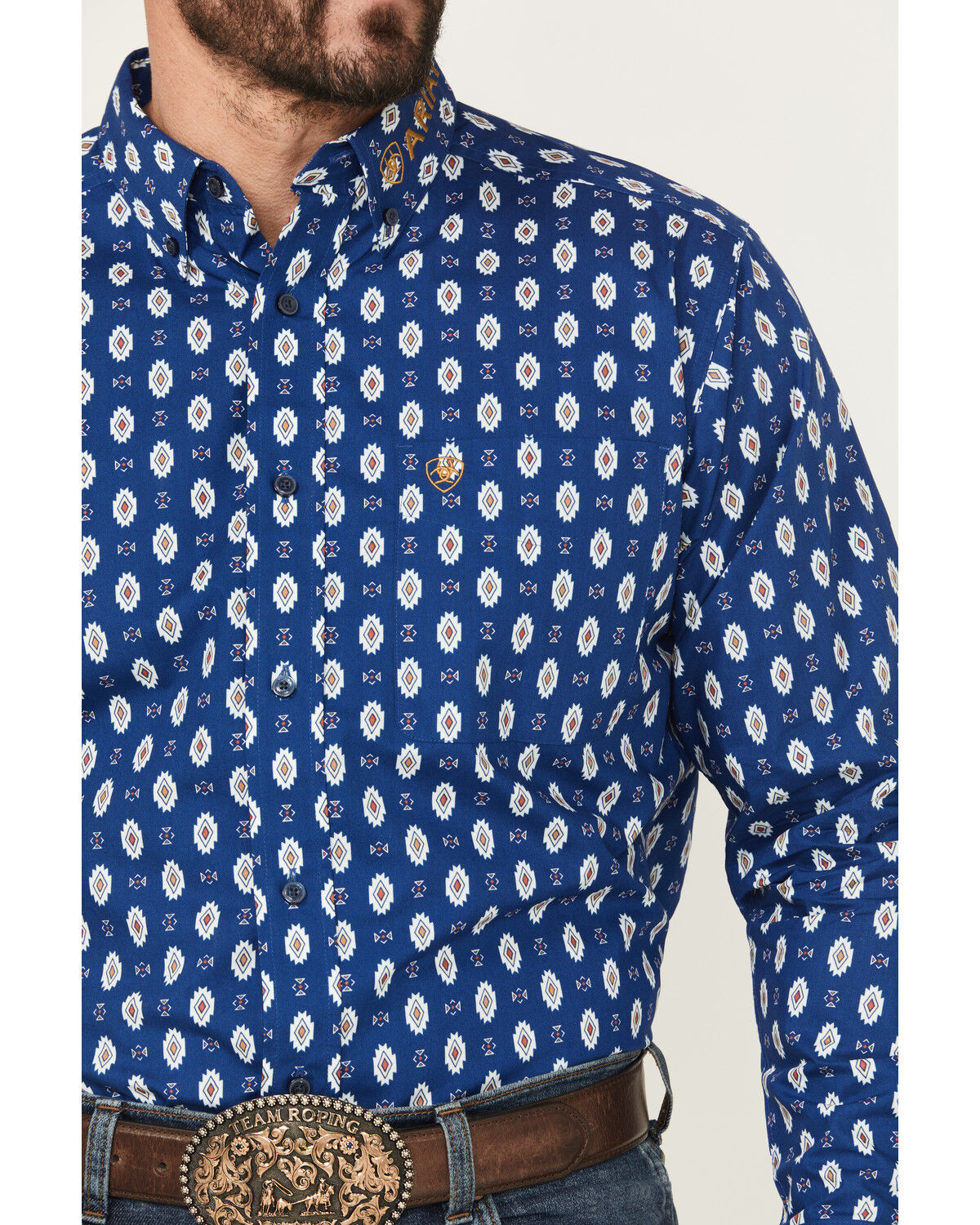 Image #3 - Ariat Men's Team Dax Southwestern Logo Long Sleeve Button-Down Western Shirt, Navy, hi-res