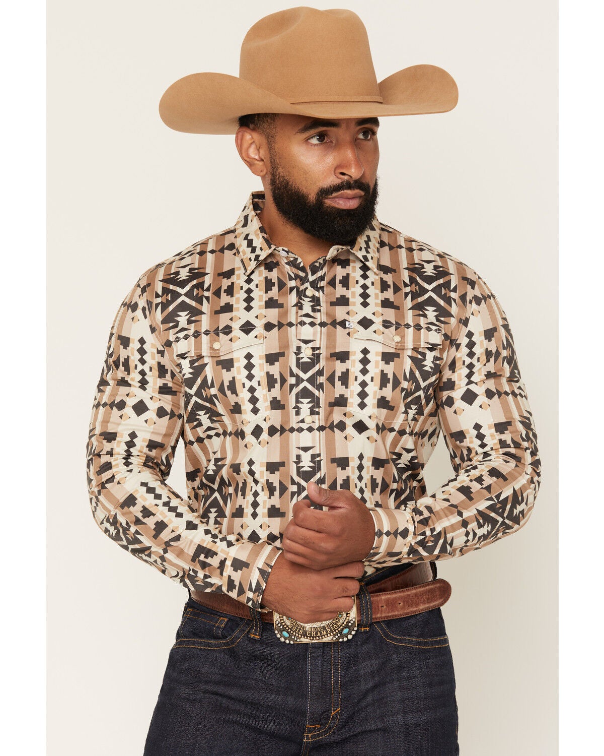 Panhandle Slim Men's Southwestern Print Long Sleeve Snap Stretch Western Shirt, Brown, hi-res