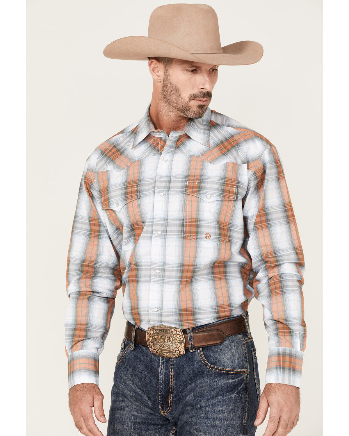 Image #2 - Roper Men's Setting Sun Large Ombre Plaid Long Sleeve Pearl Snap Western Shirt, Grey, hi-res