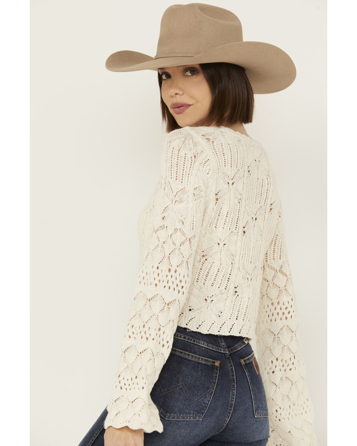 Image #4 - Shyanne Women's Bell Sleeve Cropped Crochet Sweater, Cream, hi-res