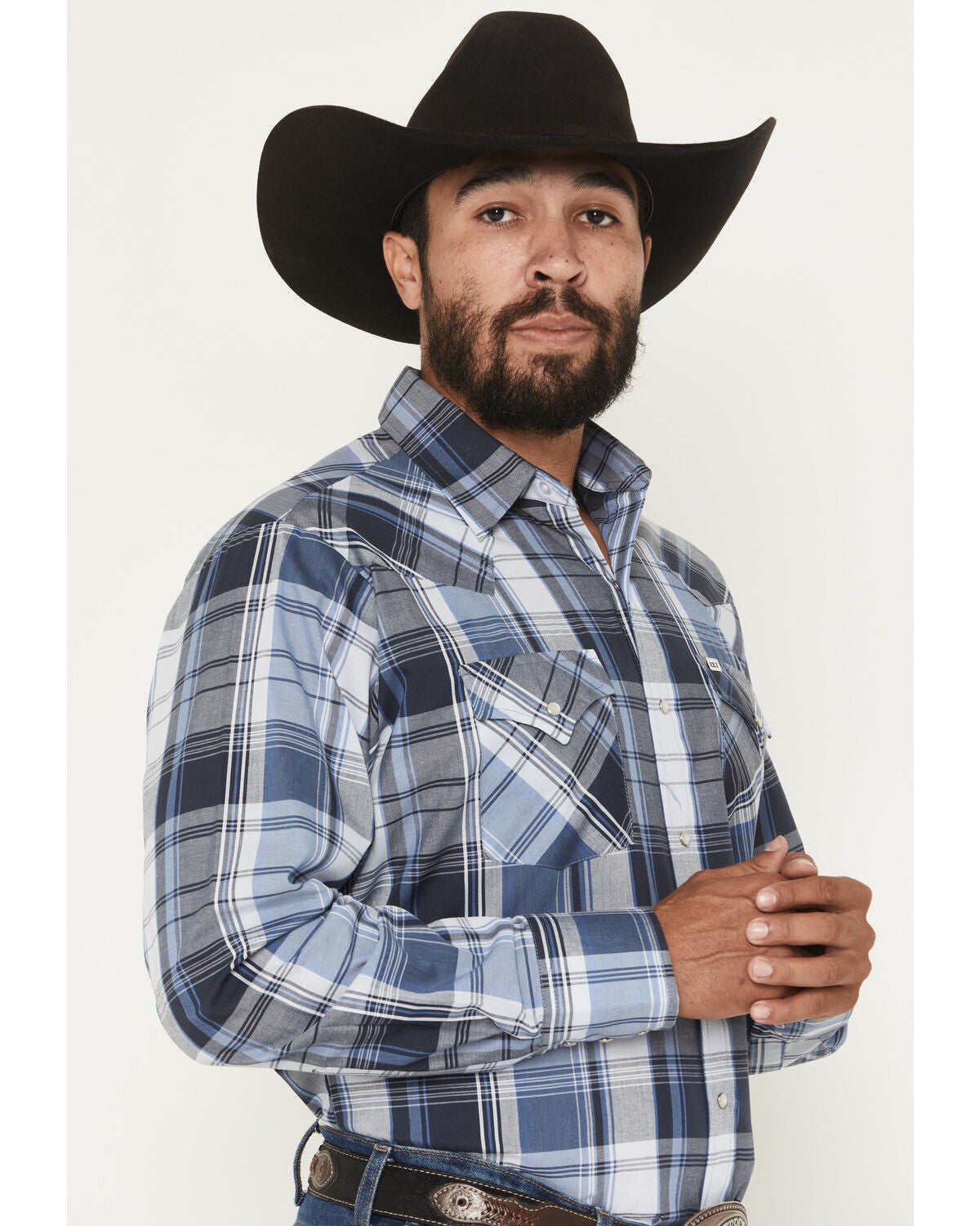Image #2 - Ely Walker Men's Plaid Print Long Sleeve Pearl Snap Western Shirt, Blue, hi-res