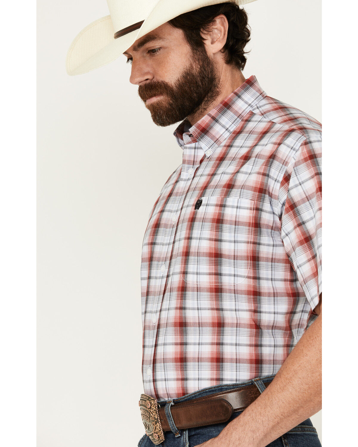Image #2 - Cinch Men's Plaid Print Short Sleeve Button-Down Western Shirt, Red, hi-res