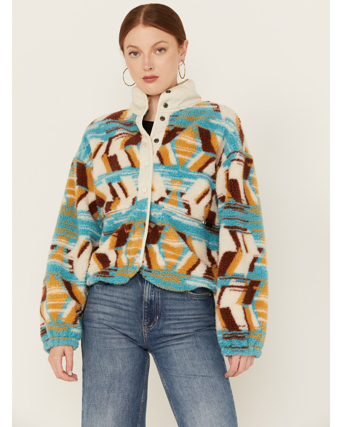 Image #1 - Panhandle Women's Abstract Print Sherpa Sweater Jacket, Multi, hi-res