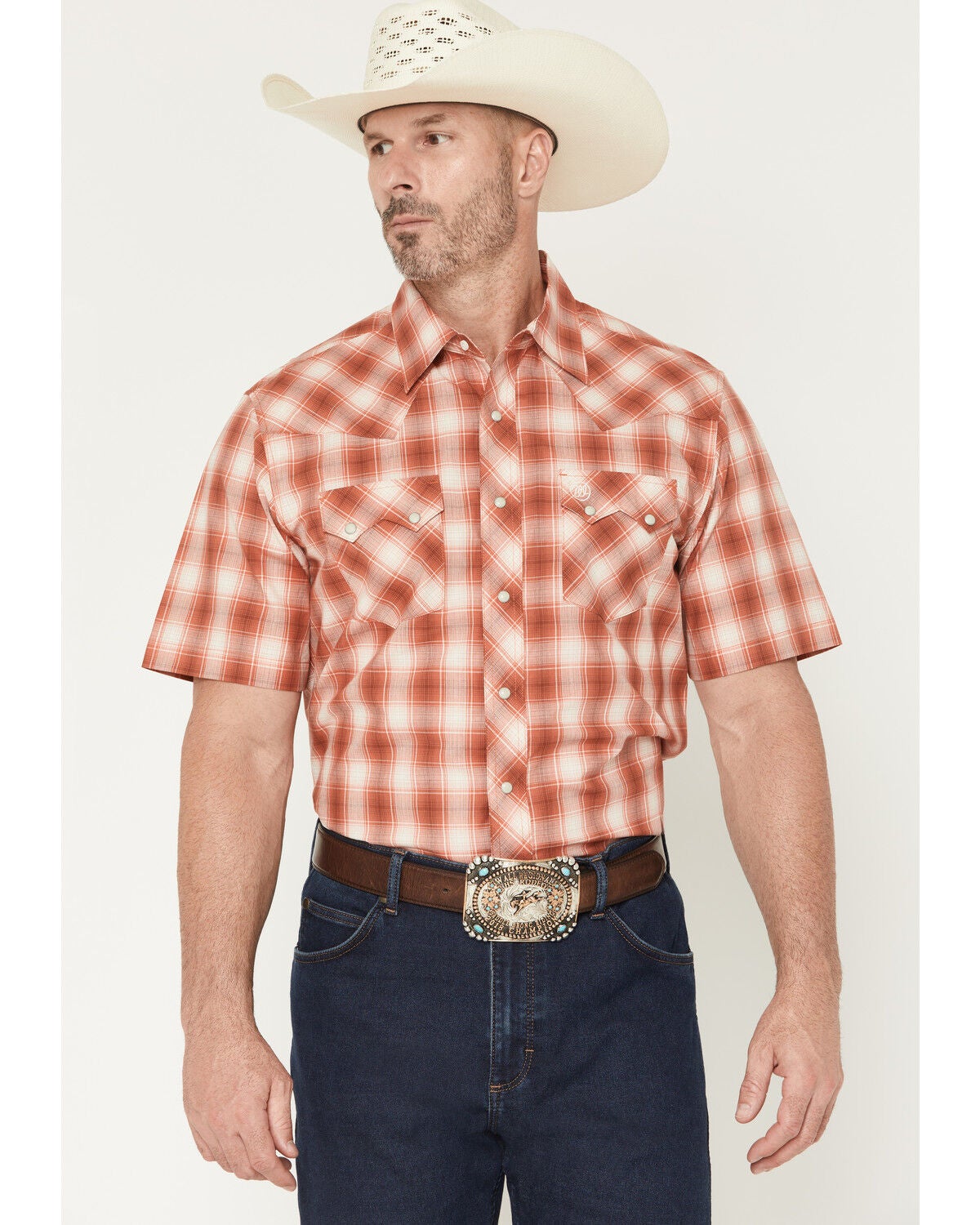 Image #1 - Wrangler Retro Men's Plaid Print Short Sleeve Snap Western Shirt, Orange, hi-res