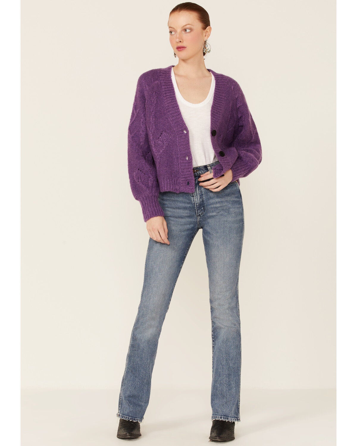Molly Bracken Women's Purple Cable Knit Cardigan Sweater