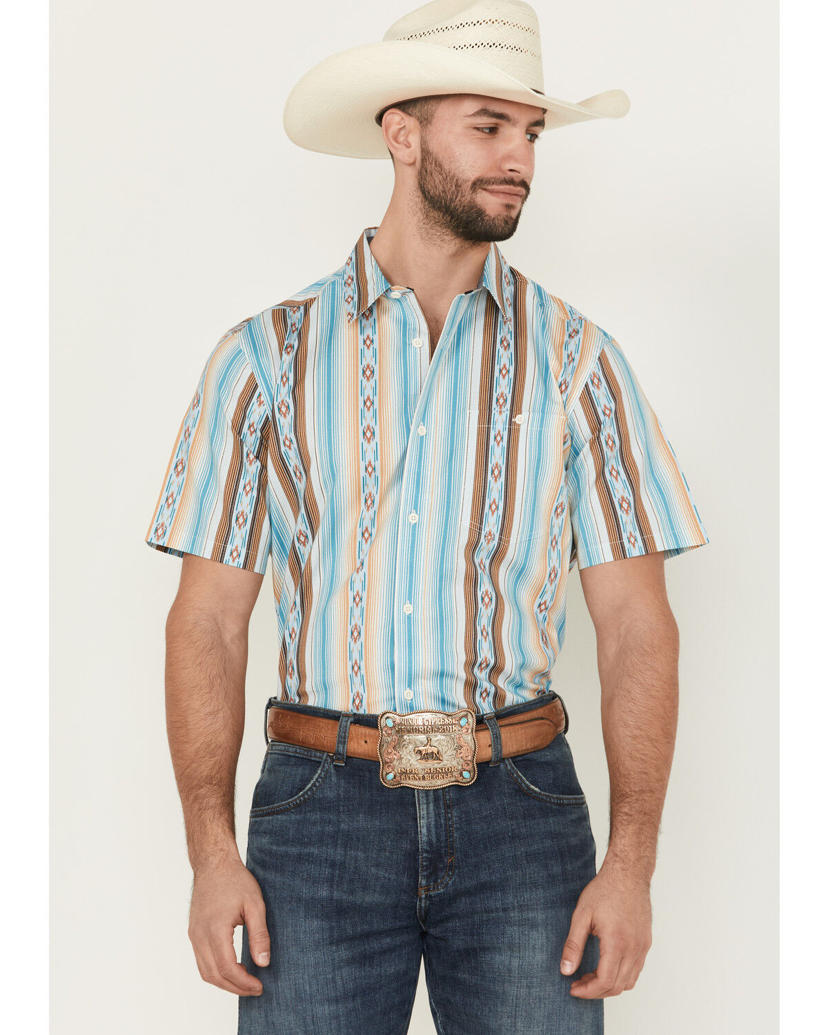 Image #1 - RANK 45® Men's Levi Striped Short Sleeve Button-Down Stretch Western Shirt, Multi, hi-res