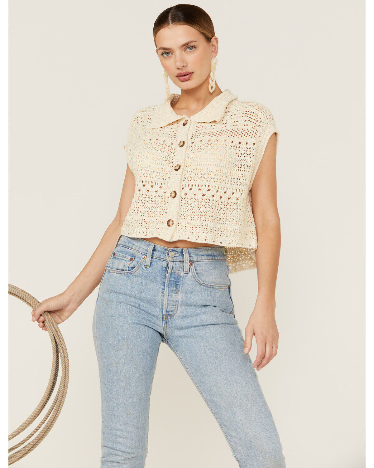 Image #2 - Beyond The Radar Women's Cream Crochet Sleeveless Sweater Top, Cream, hi-res