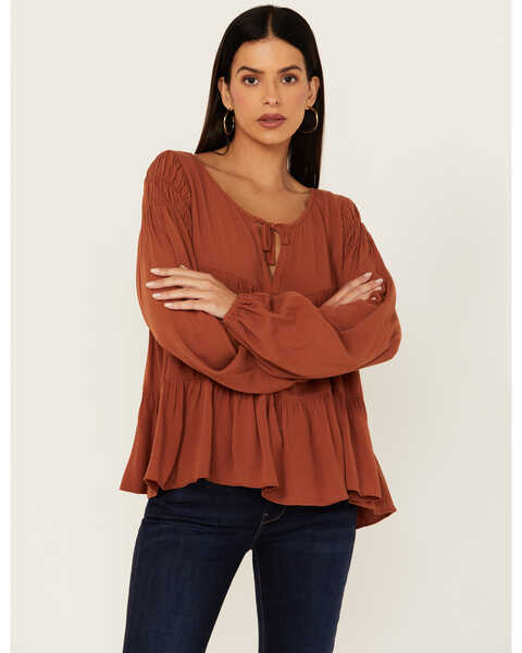 Image #1 - Cleo + Wolf Women's Tiered Flowy Tie Front Blouse , Rust Copper, hi-res