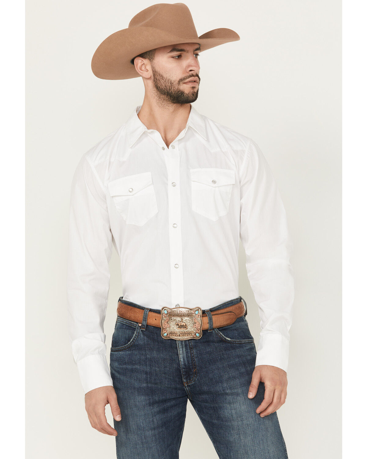 Image #1 - Gibson Men's Solid Long Sleeve Pearl Snap Western Shirt, White, hi-res
