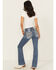 Image #1 - Miss Me Women's Dark Wash Mid Rise Patchwork Flap 32" Bootcut Stretch Denim Jeans, Dark Wash, hi-res