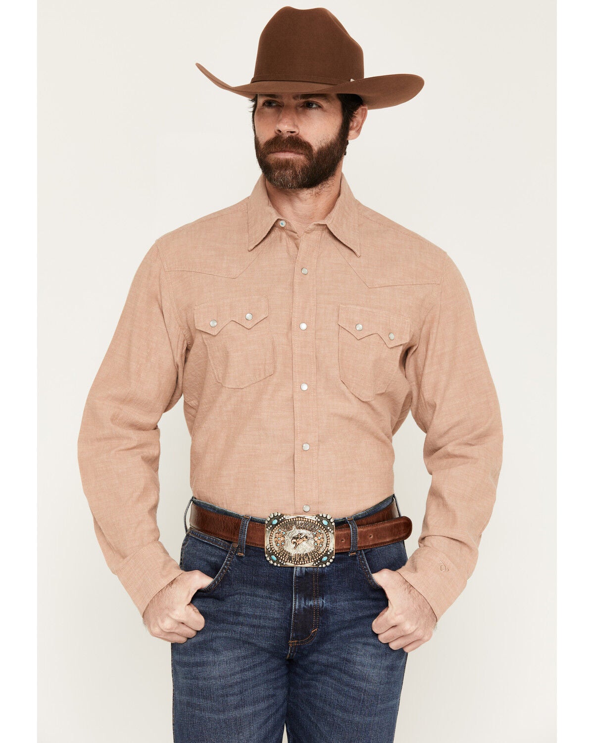 Wrangler X Cody Johnson Men's Solid Long Sleeve Pearl Snap Western Shirt, Brown, hi-res