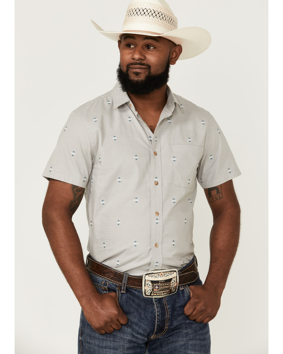 Image #1 - Pendleton Men's Carson Chambray Dobby Short Sleeve Button Down Western Shirt, Grey, hi-res