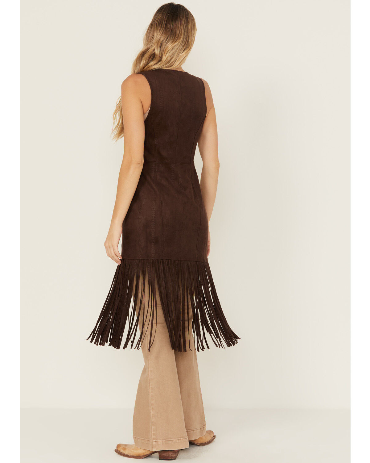 Image #4 - Shyanne Women's Embossed Southwestern Print Fringe Faux Suede Vest, Dark Brown, hi-res