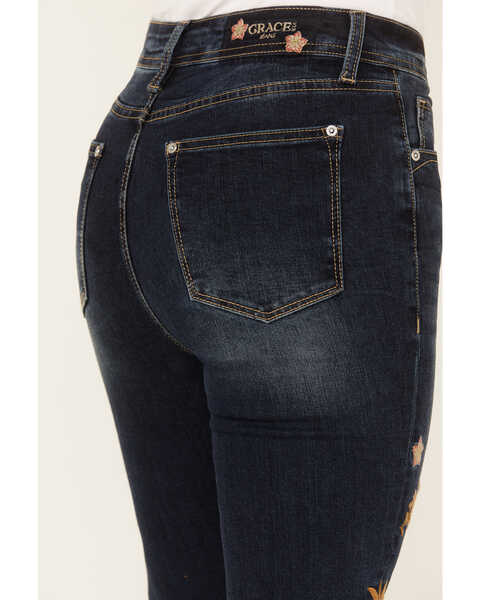 Image #4 - Grace in LA Women's Dark Wash High Rise Paisley Embroidered Flare Jeans , Dark Wash, hi-res
