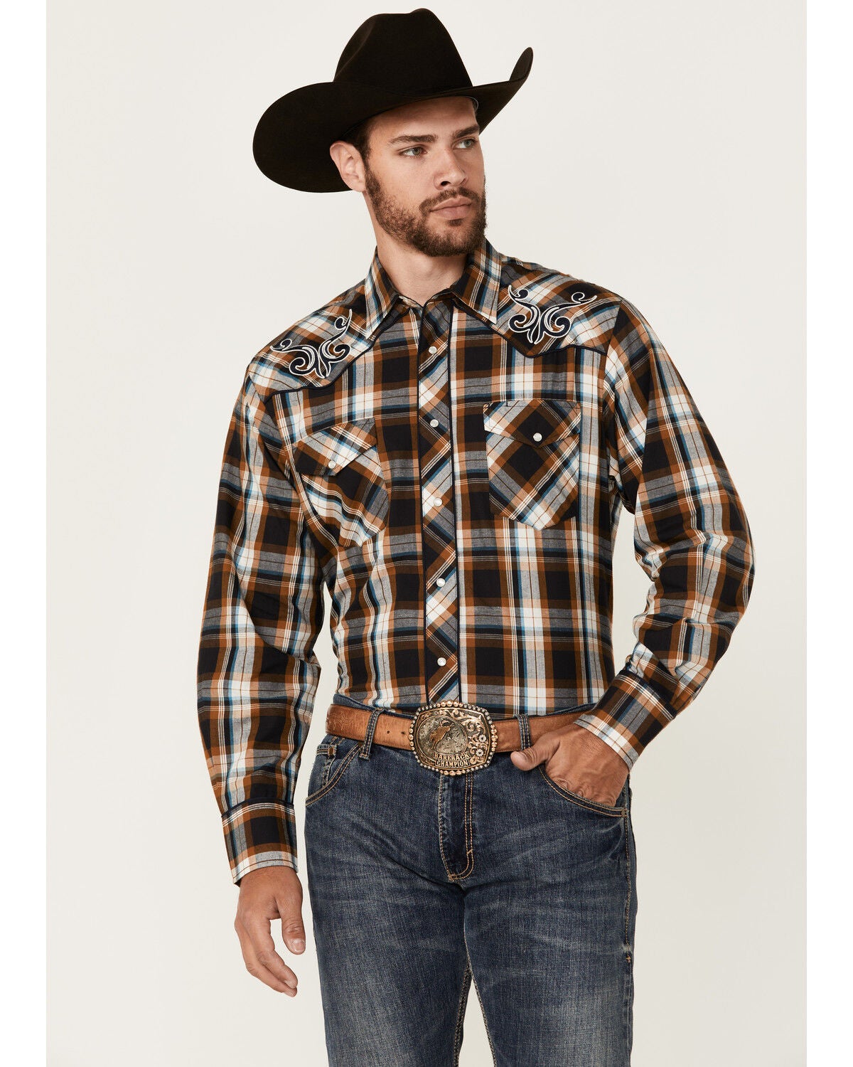 Image #1 - Roper Men's Embroidered Yoke Plaid Print Long Sleeve Snap Western Shirt, Multi, hi-res