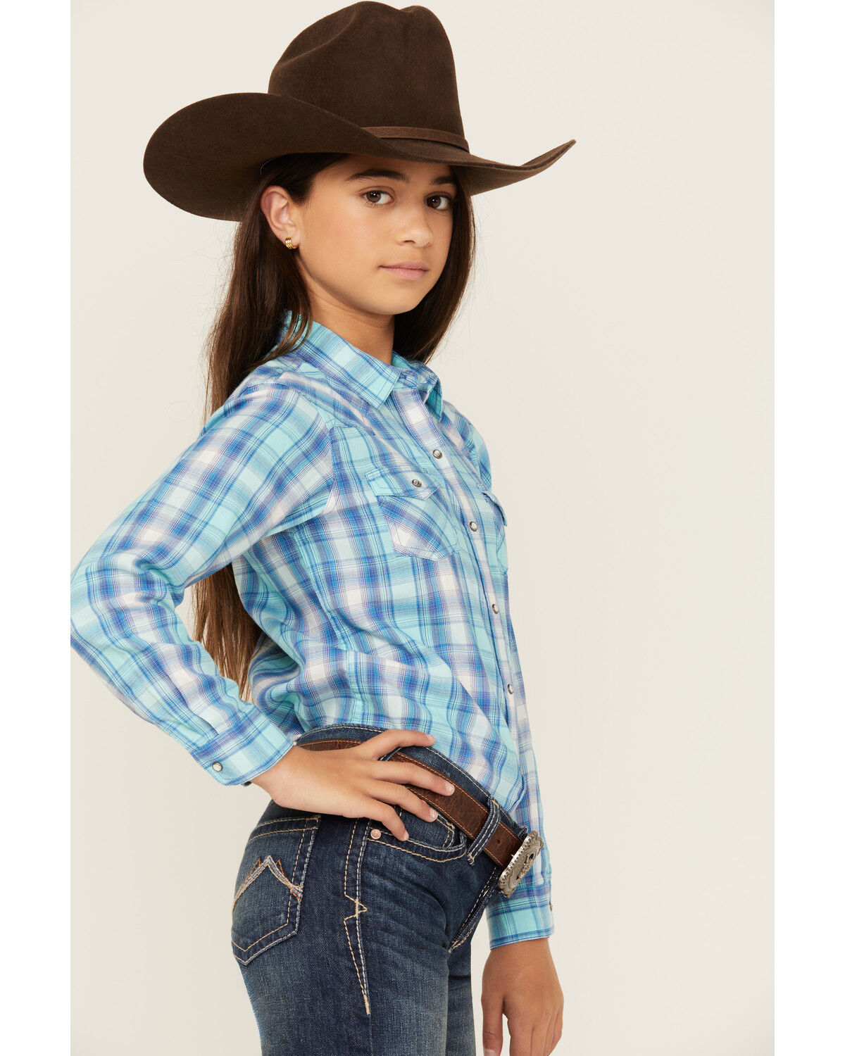 Image #2 - Ariat Girls' Real Plaid Print Long Sleeve Snap Western Shirt, Blue, hi-res