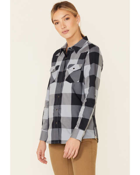 Image #2 - ATG by Wrangler Women's All-Terrain Plaid Print Mix Material Long Sleeve Snap Western Core Shirt , Navy, hi-res