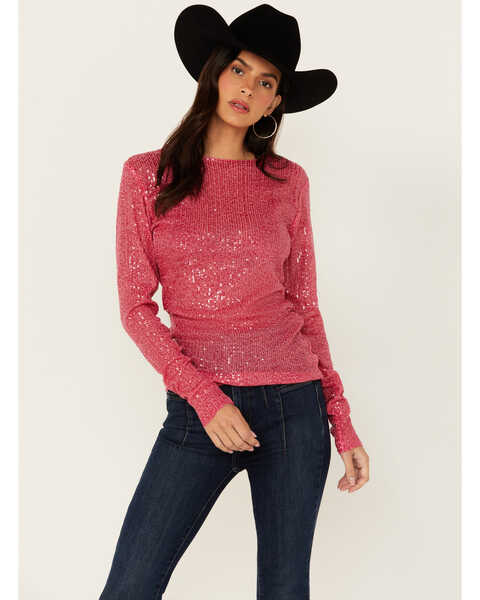 Image #1 - Free People Women's Sequins Gold Rush Long Sleeve Top , Hot Pink, hi-res