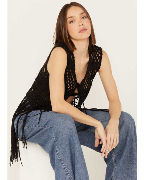 Image #1 - Rock & Roll Denim Women's Crochet Fringe Sleeveless Vest, Black, hi-res
