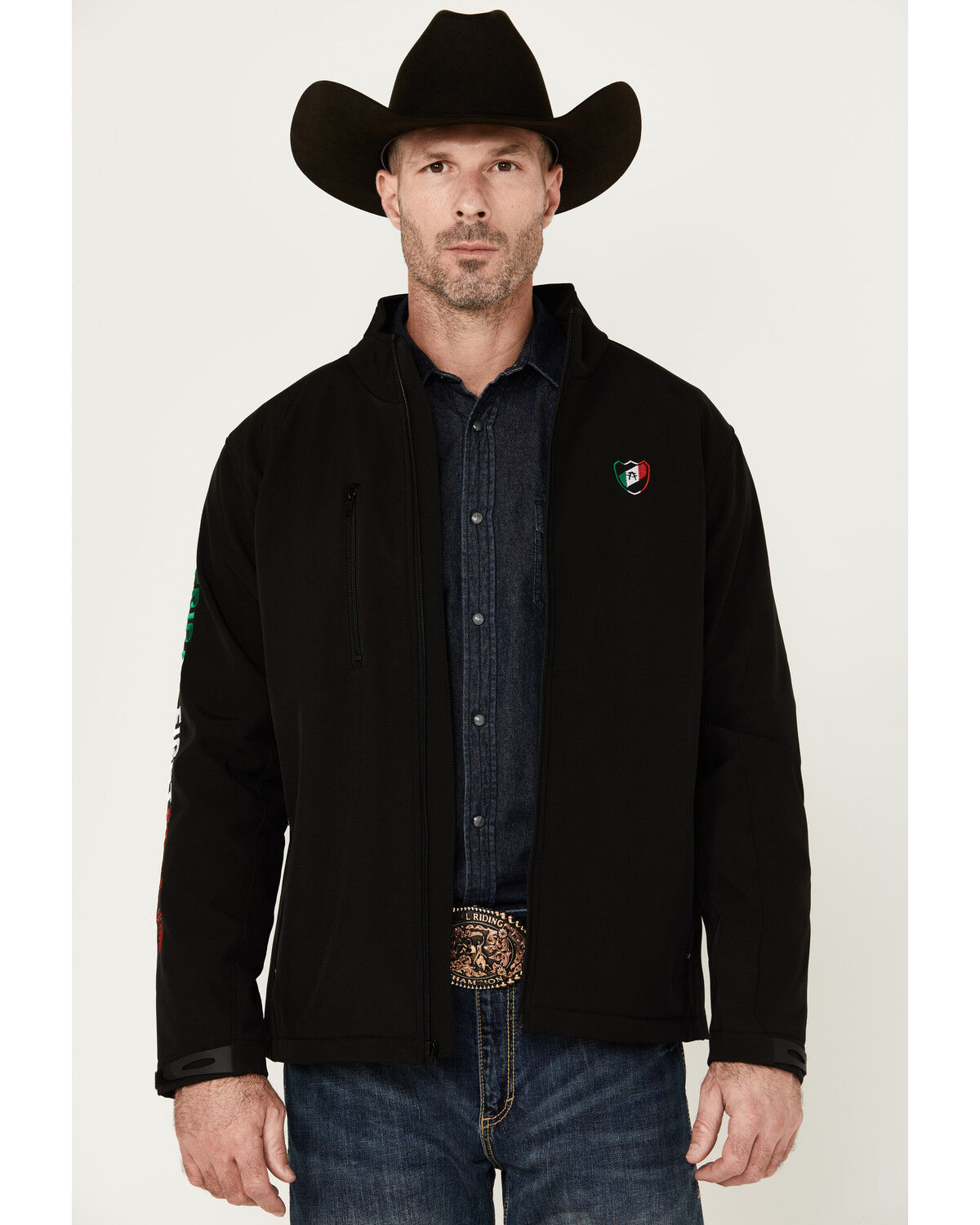 Image #1 - American Fighter Men's Mayland Mexico USA Flag Embroidered Softshell Jacket, Black, hi-res