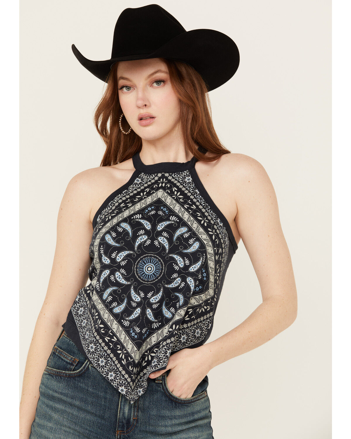 Image #1 - Shyanne Women's Bandana Print Halter Graphic Tank, Indigo, hi-res