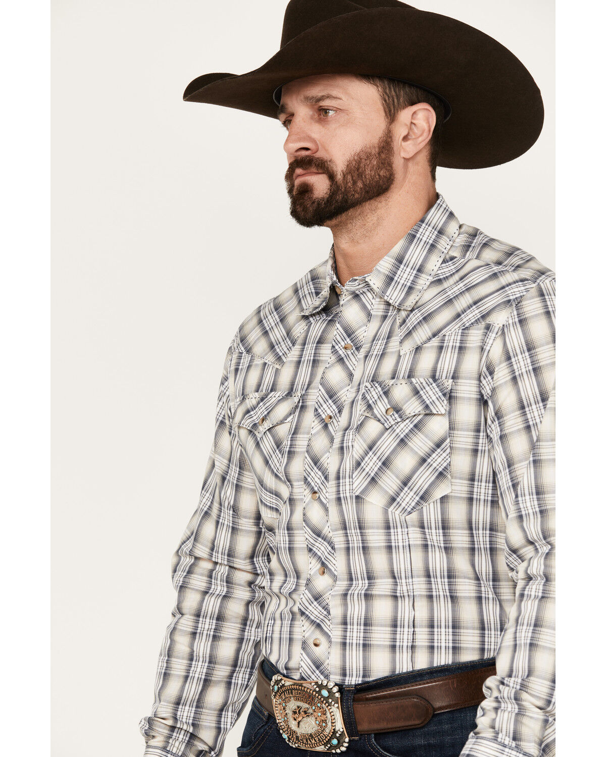 Image #2 - Wrangler Men's Plaid Print Long Sleeve Snap Western Shirt, Grey, hi-res