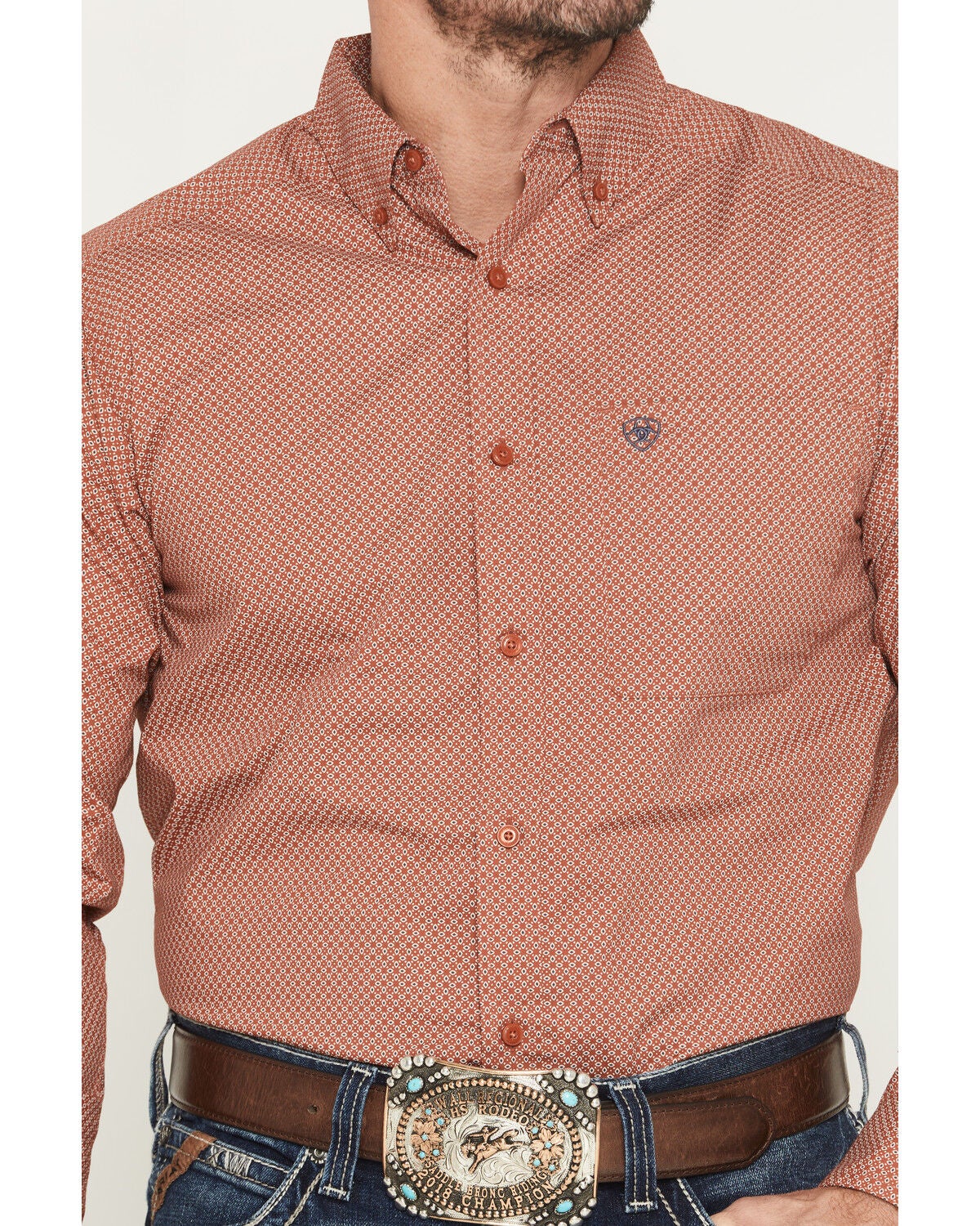 Image #3 - Ariat Men's Warren Geo Print Fitted Long Sleeve Button-Down Western Shirt, Rust Copper, hi-res