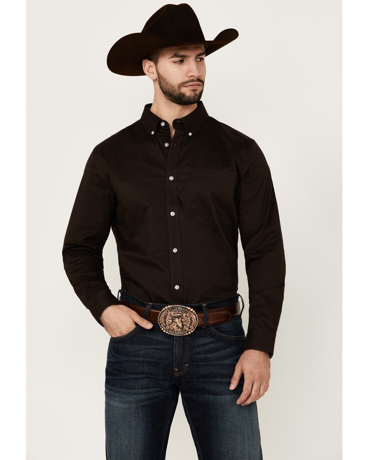 Image #1 - Cody James Men's Basic Solid Long Sleeve Button-Down Stretch Western Shirt, Brown, hi-res