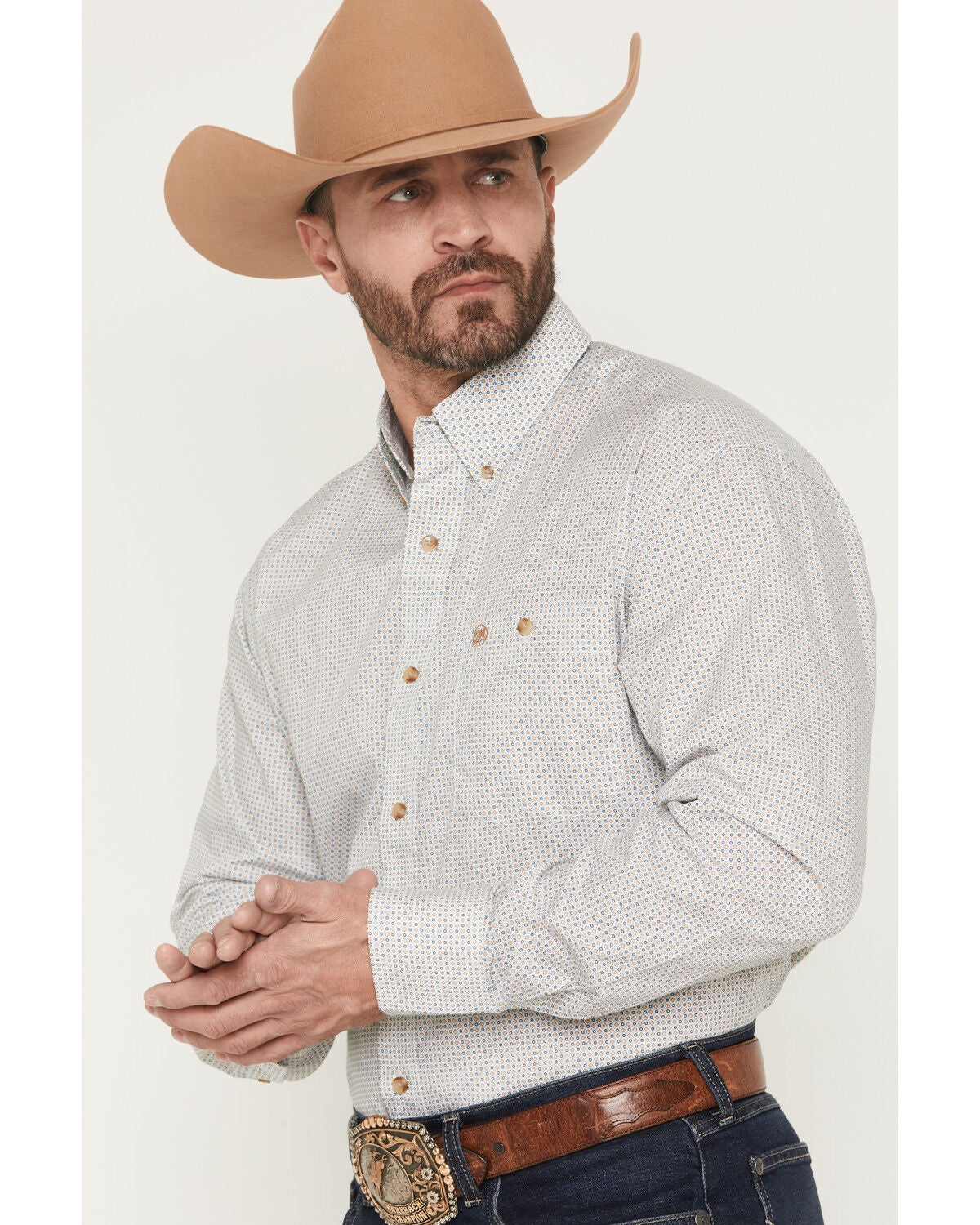 Image #2 - Wrangler Men's Classics Geo Print Long Sleeve Button-Down Western Shirt, Tan, hi-res