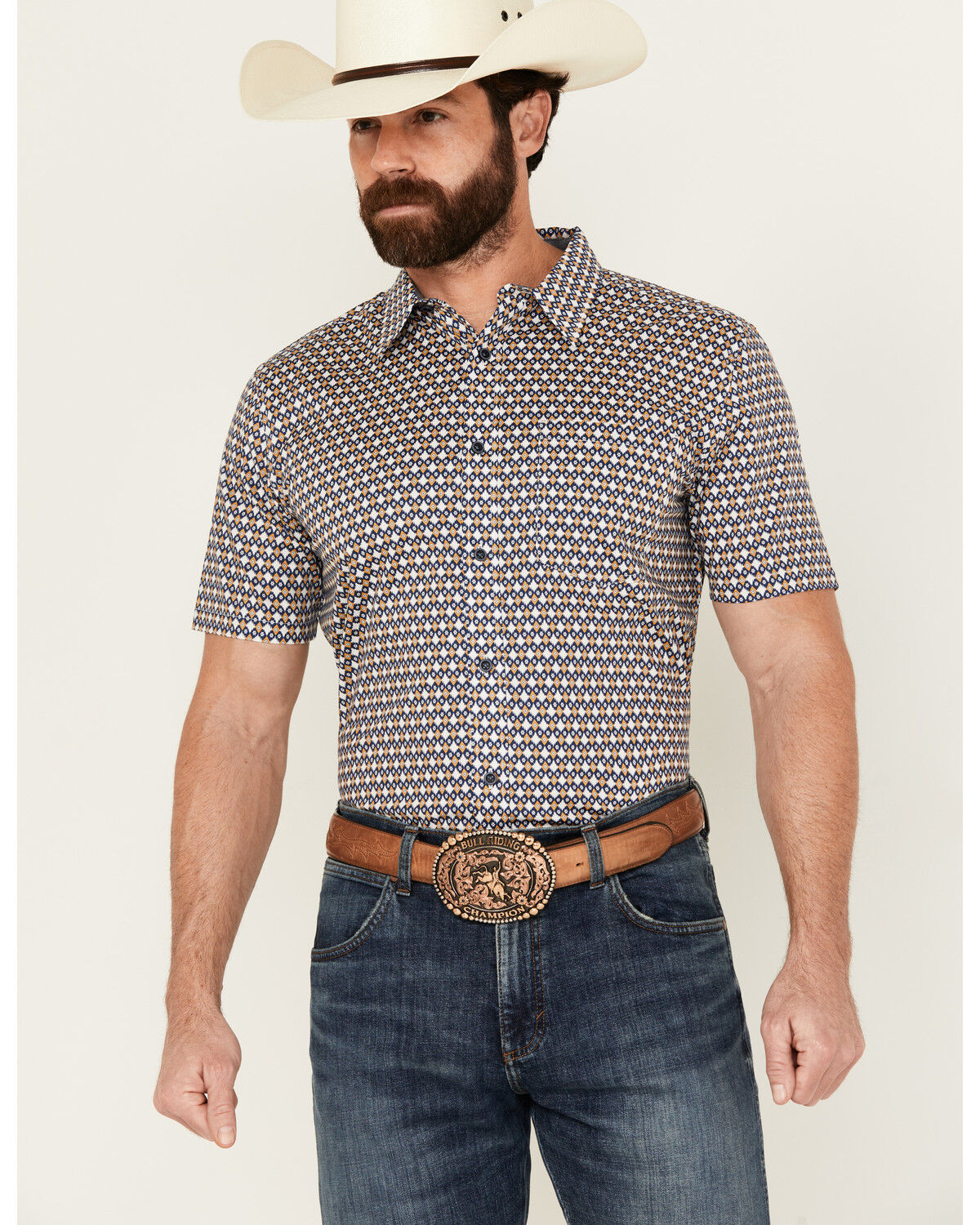 Image #1 - Cody James Men's Everett Geo Print Short Sleeve Button-Down Stretch Western Shirt, White, hi-res