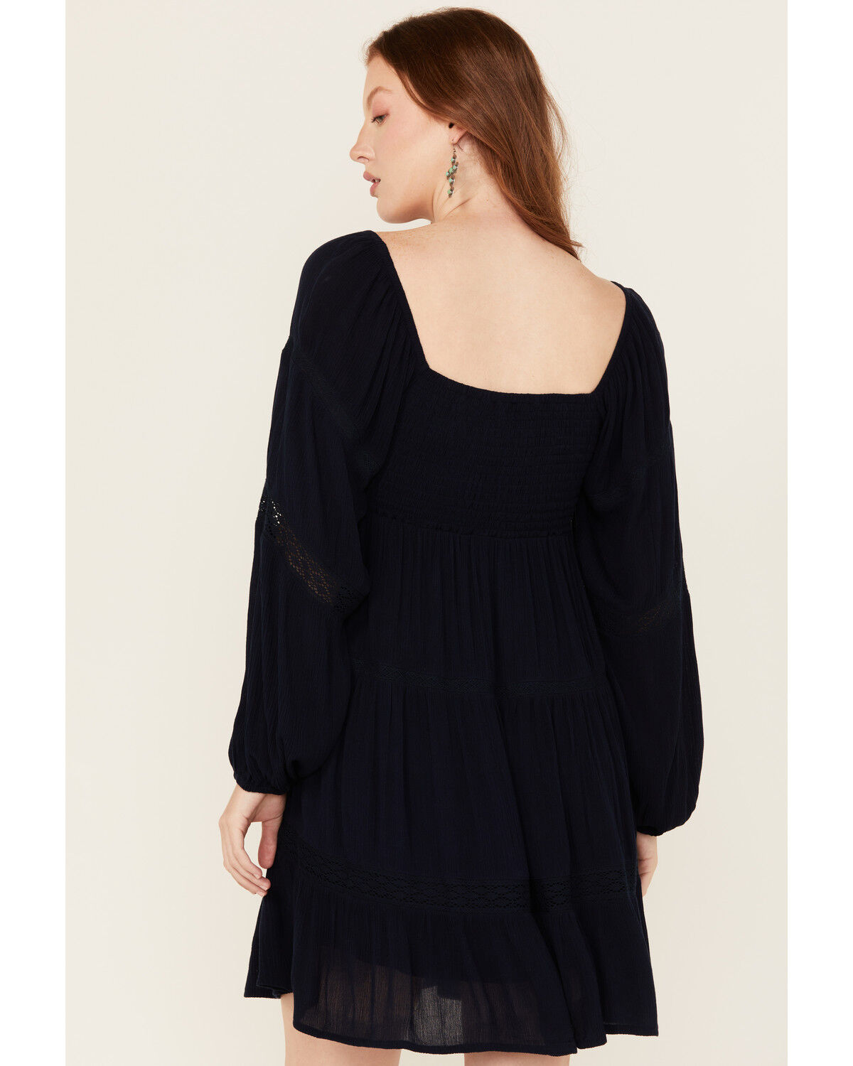 Image #4 - Jolt Women's Lace Trim Long Sleeve Tiered Mini Dress, Navy, hi-res