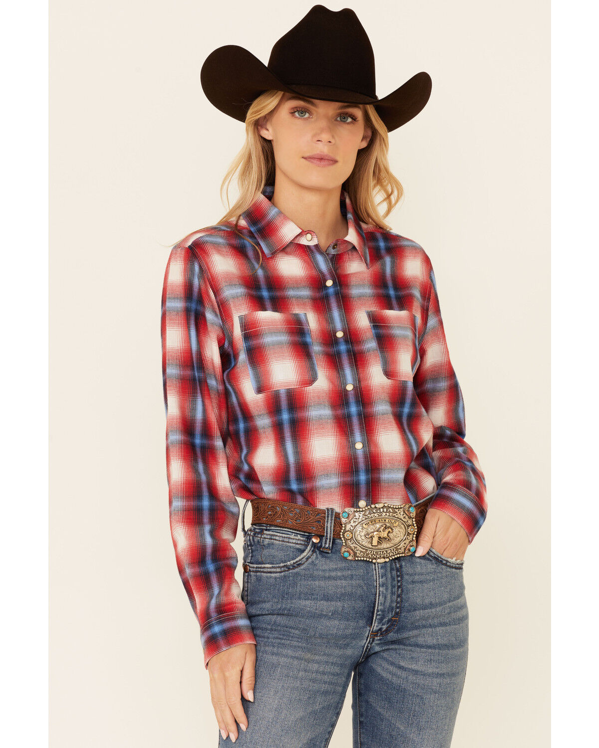Image #1 - Rock & Roll Denim Women's Plaid Print Long Sleeve Snap Western Boyfriend Shirt, , hi-res