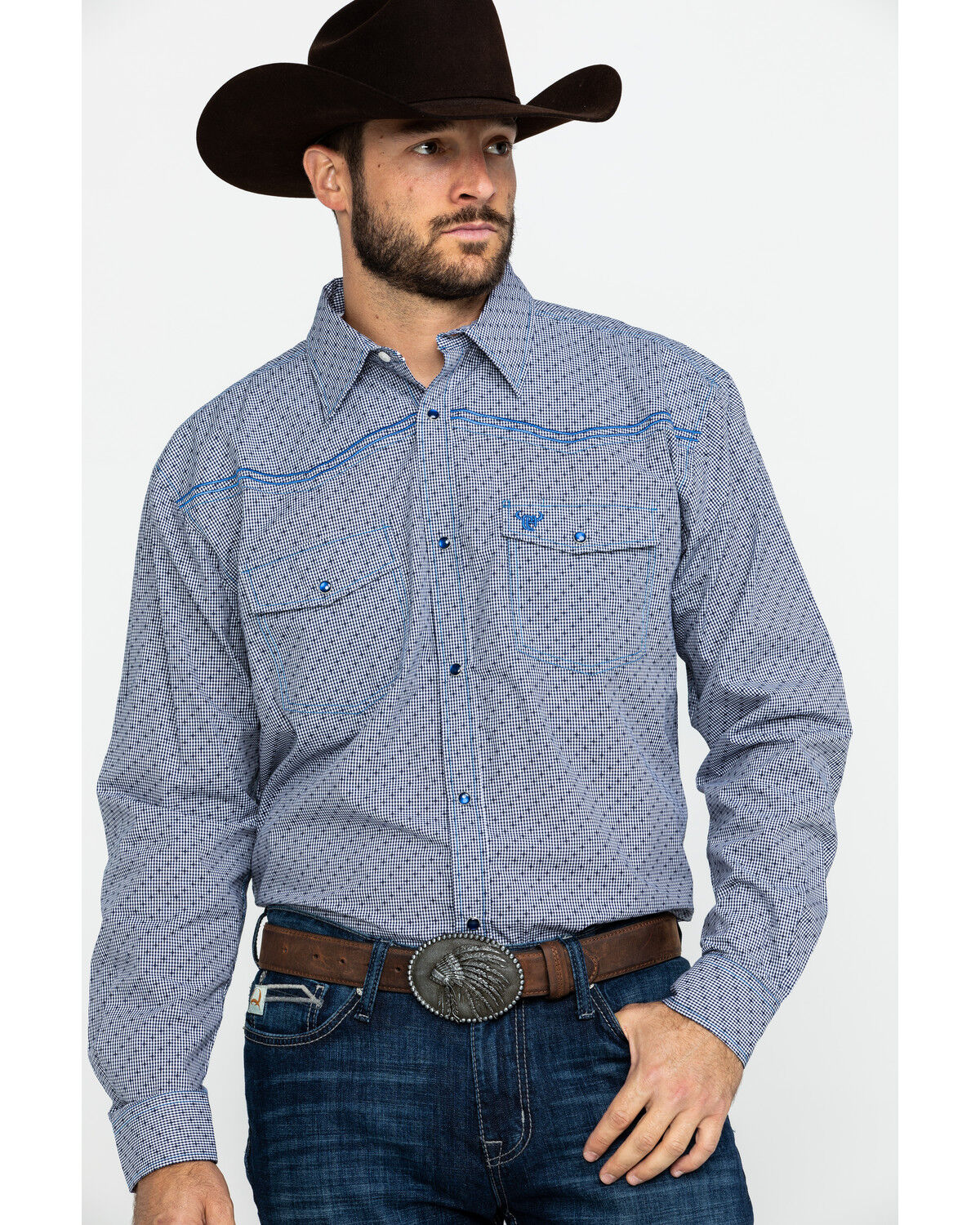 Image #1 - Cowboy Hardware Men's Dobby Print Long Sleeve Western Shirt, Navy, hi-res