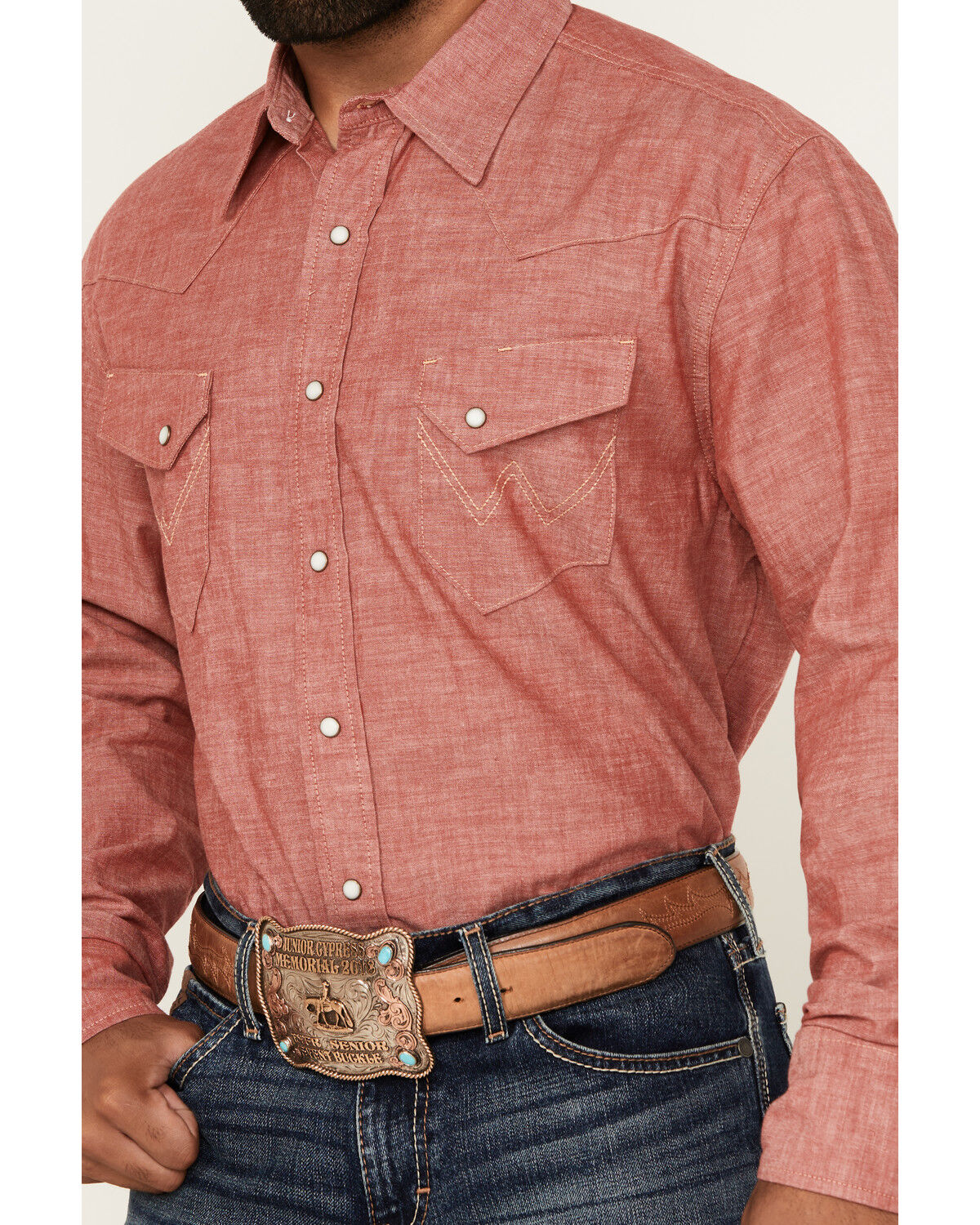 Image #3 - Wrangler Men's Vintage Chambray Solid Long Sleeve Snap Western Shirt, Red, hi-res