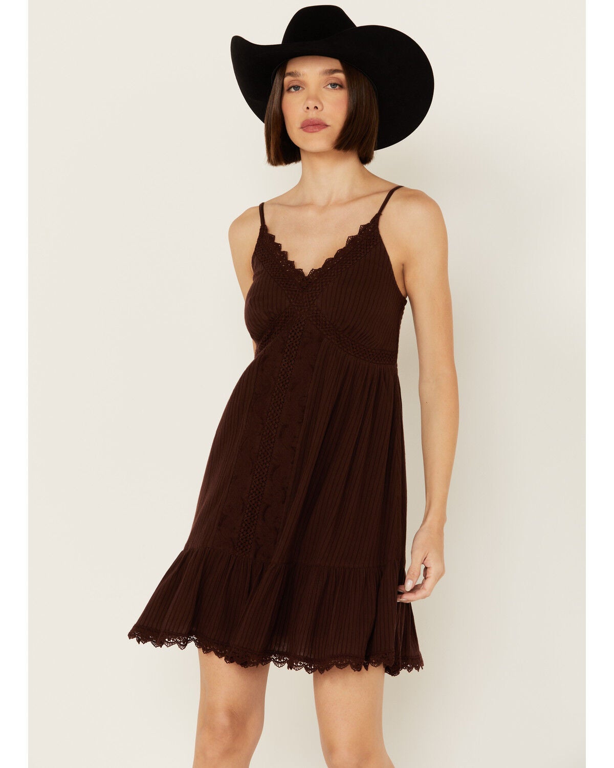 Shyanne Women's Crochet Trim Mini Dress, Dark Brown, hi-res