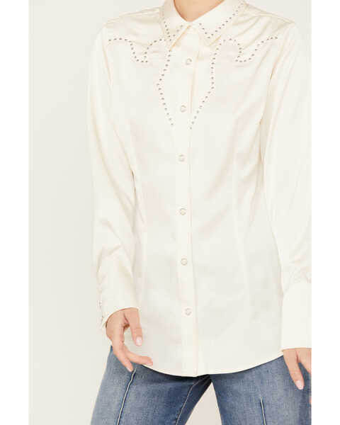 Image #3 - Wrangler Women's Satin Embellished Long Sleeve Snap Western Shirt, Ivory, hi-res