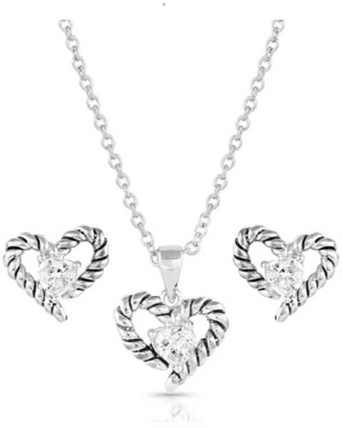 Image #1 - Montana Silversmiths Women's Silver Flirty Love Necklace & Earrings Jewelry Set, Silver, hi-res
