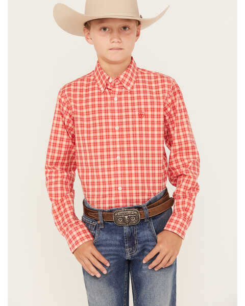 Image #1 - Ariat Boys' Oberon Plaid Print Classic Fit Long Sleeve Button Down Western Shirt, Red, hi-res