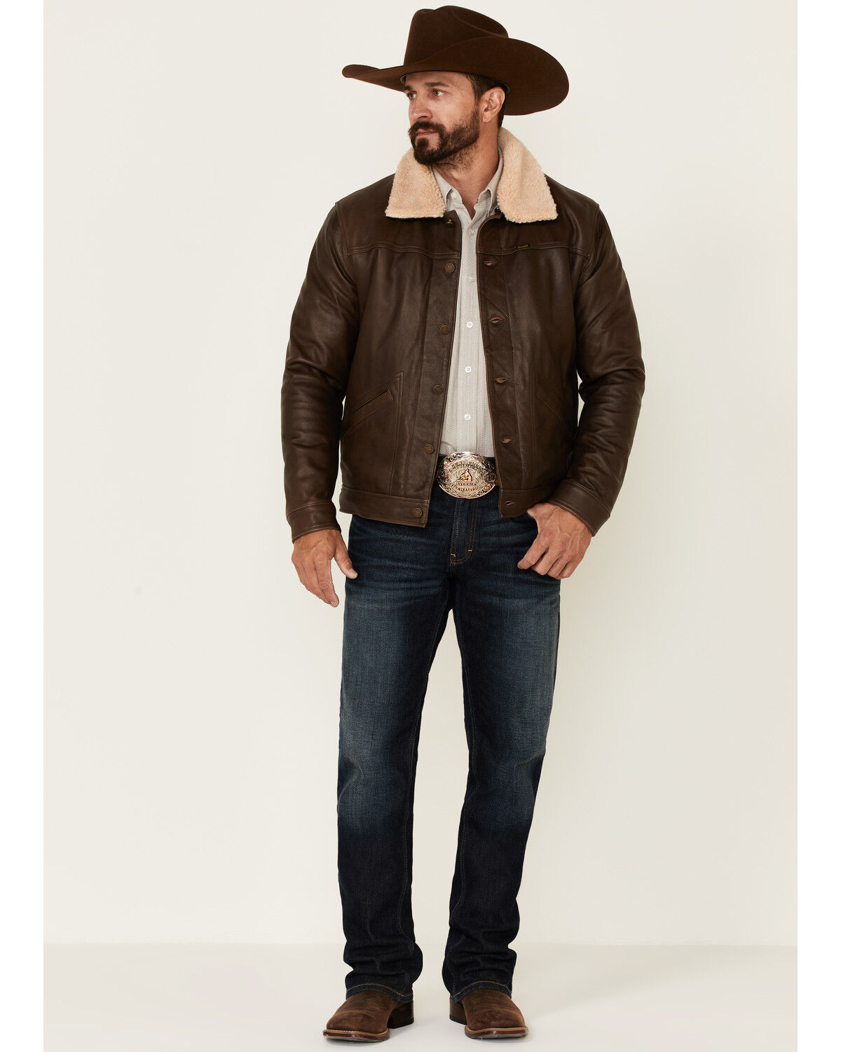 Image #2 - Wrangler Men's Vintage Sherpa Lined Leather Jacket, Brown, hi-res
