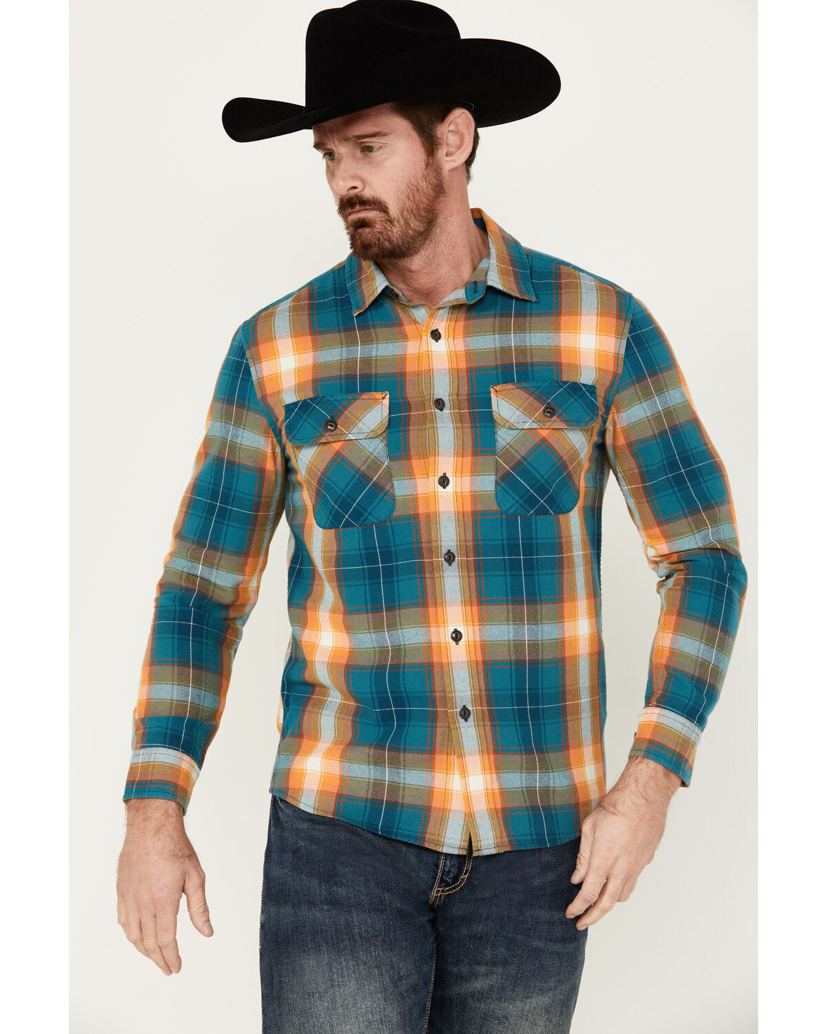Image #1 - Pendleton Men's Beach Shack Plaid Print Long Sleeve Button-Down Western Shirt, Teal, hi-res