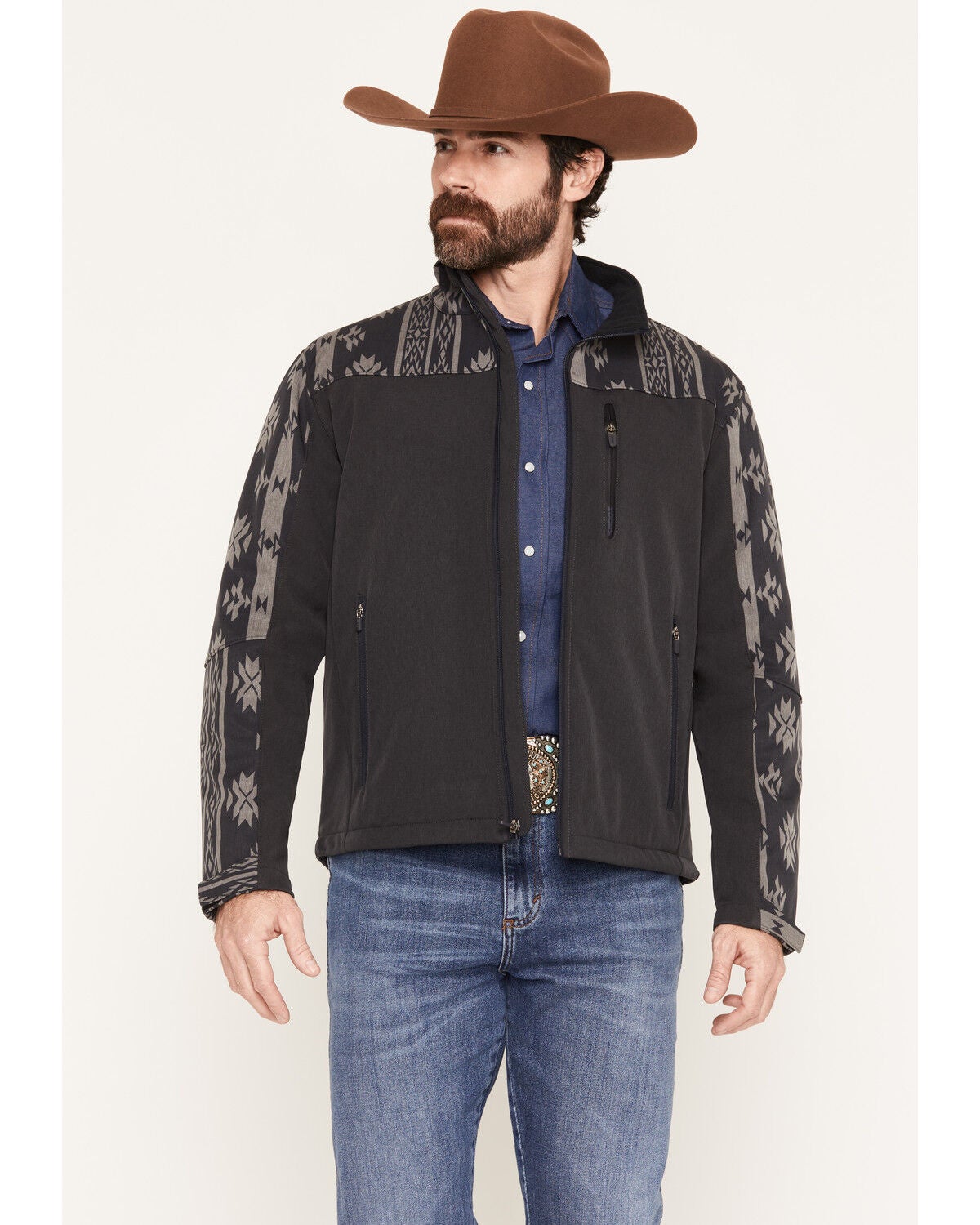 Image #1 - Hooey Men's Jackson Southwestern Color Block Softshell Jacket, Black, hi-res