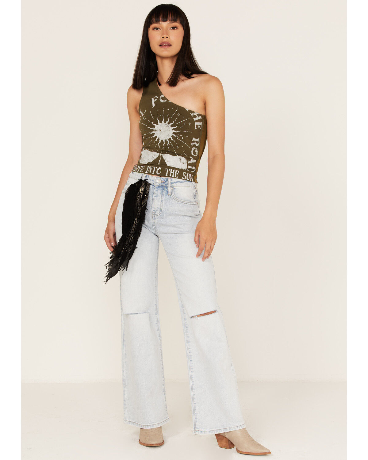 Image #2 - Cleo + Wolf Women's Drive Into The Sun Graphic One Shoulder Tank Top, Olive, hi-res