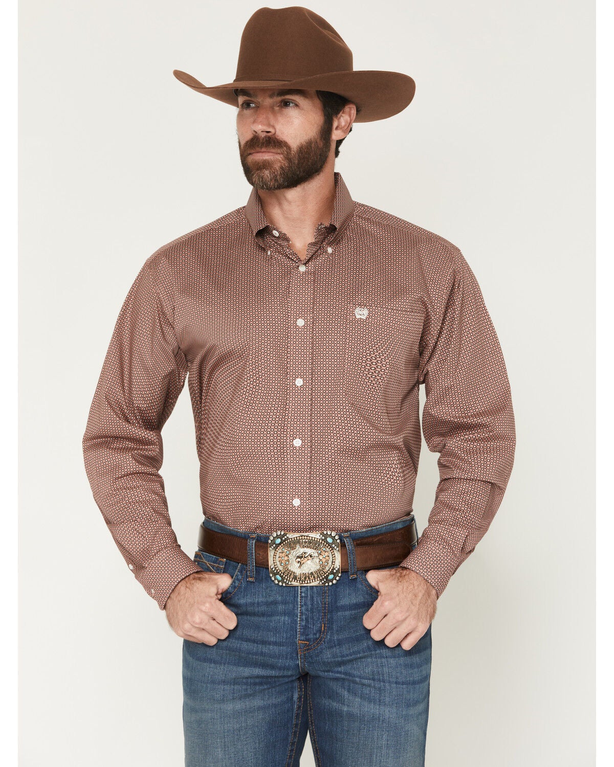 Cinch Men's Geo Print Long Sleeve Button-Down Stretch Western Shirt, Pink, hi-res