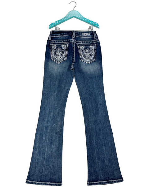 Grace in LA Girls' Medium Wash Horseshoe Pocket Bootcut Stretch Denim Jeans, Medium Wash, hi-res