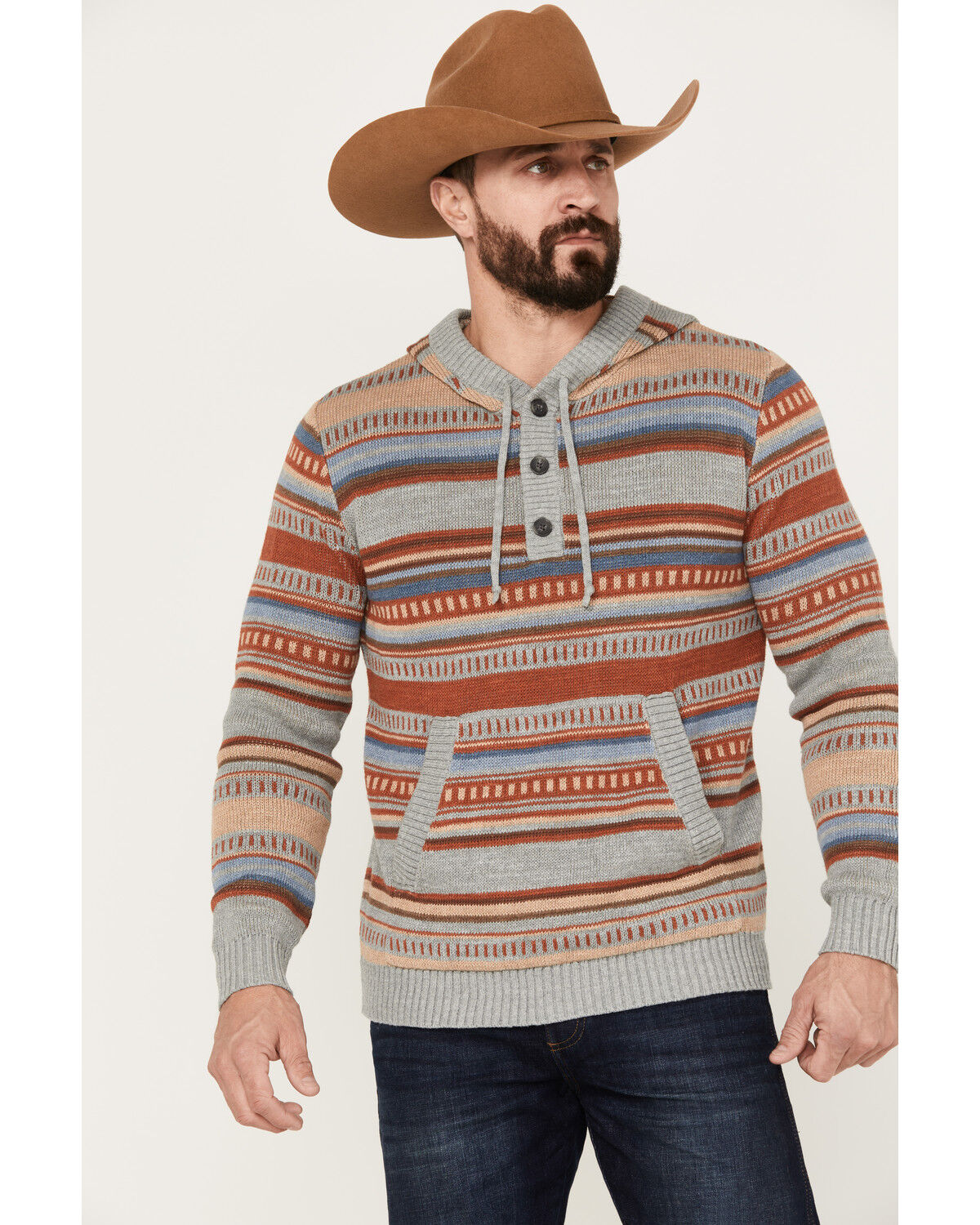 Image #1 - Pendleton Men's Medallion Striped Hooded Pullover, Grey, hi-res