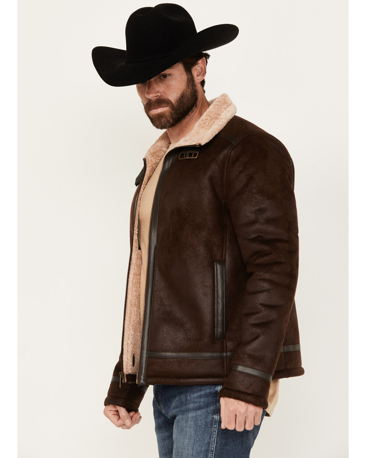 Image #2 - Moonshine Spirit Men's Sherpa Lined Faux Leather Jacket, Dark Brown, hi-res