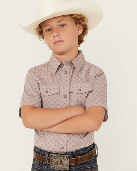 Image #1 - Cody James Boys' Paisley Print Short Sleeve Snap Western Shirt, Burgundy, hi-res