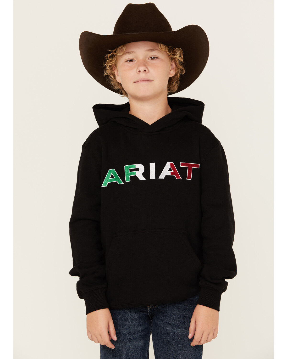 Image #1 - Ariat Boys' Mexico Flag Logo Hooded Sweatshirt, Black, hi-res