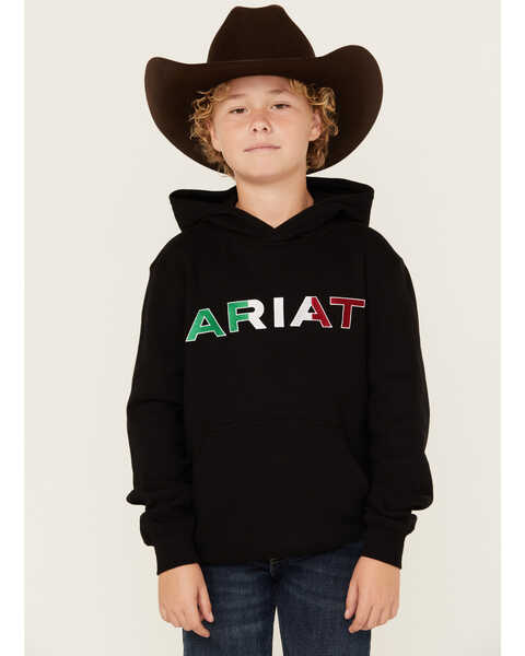 Image #1 - Ariat Boys' Mexico Flag Logo Hooded Sweatshirt , Black, hi-res